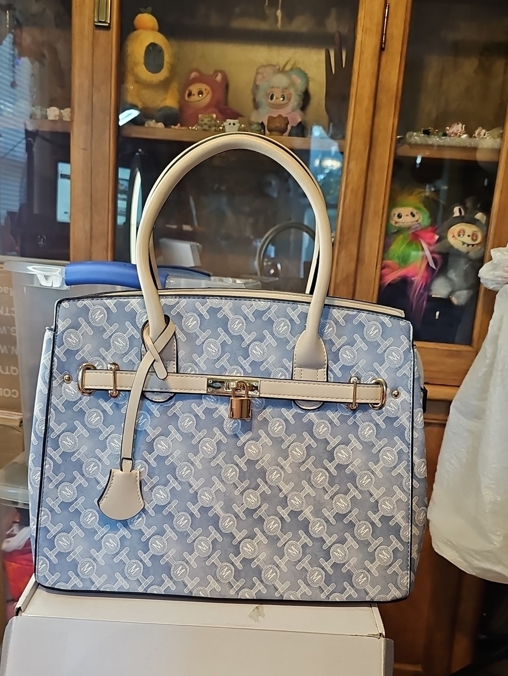 Structured Satchel Handbag With Wallet in Light Blue and Cream